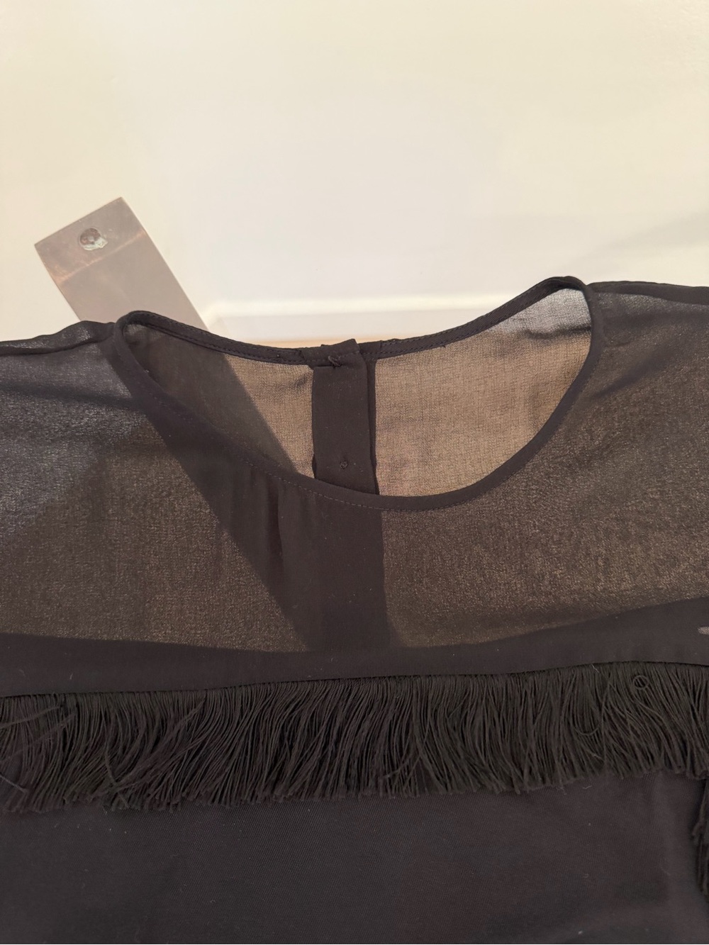 Sandro Paris Black Fringe Sheer Yoke Short Sleeve Blouse Size 2 - Picture 3 of 12
